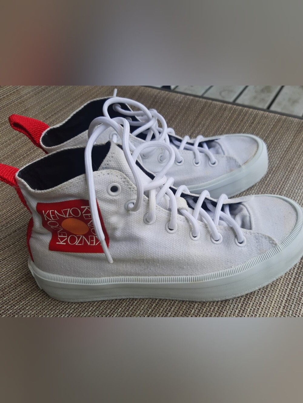 Kenzo White Canvas High-Top Sneakers with Red Heel Stripe